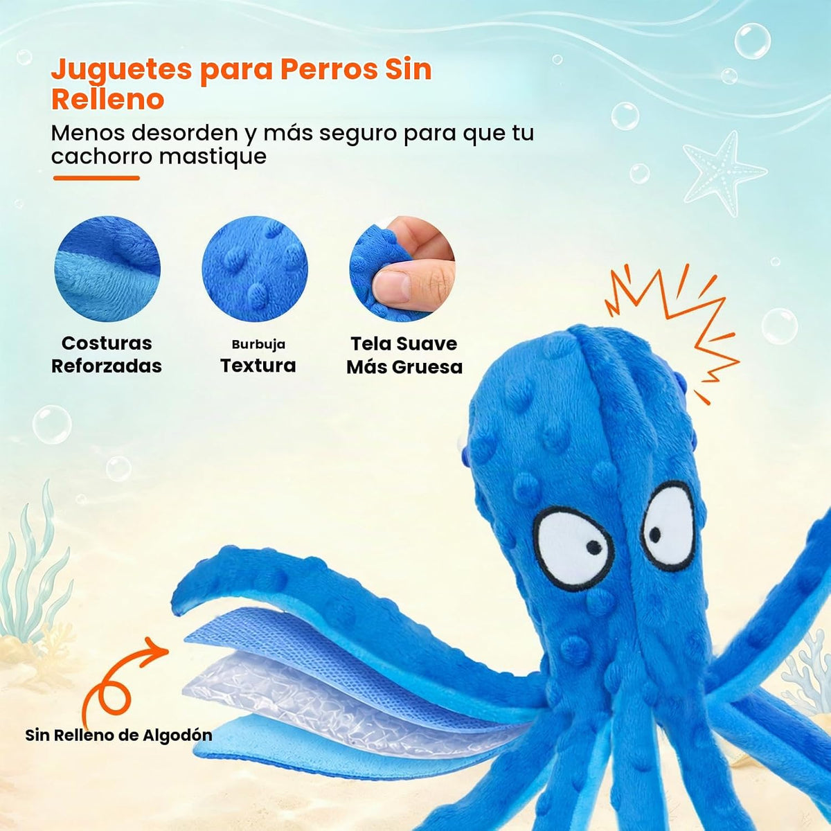 HGB Juguetes chirriantes para perros, sin relleno, pulpo arrugado p...
