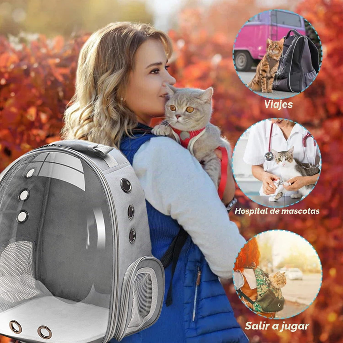 Mochila transportadora para gatos, transportador de mascotas con di...