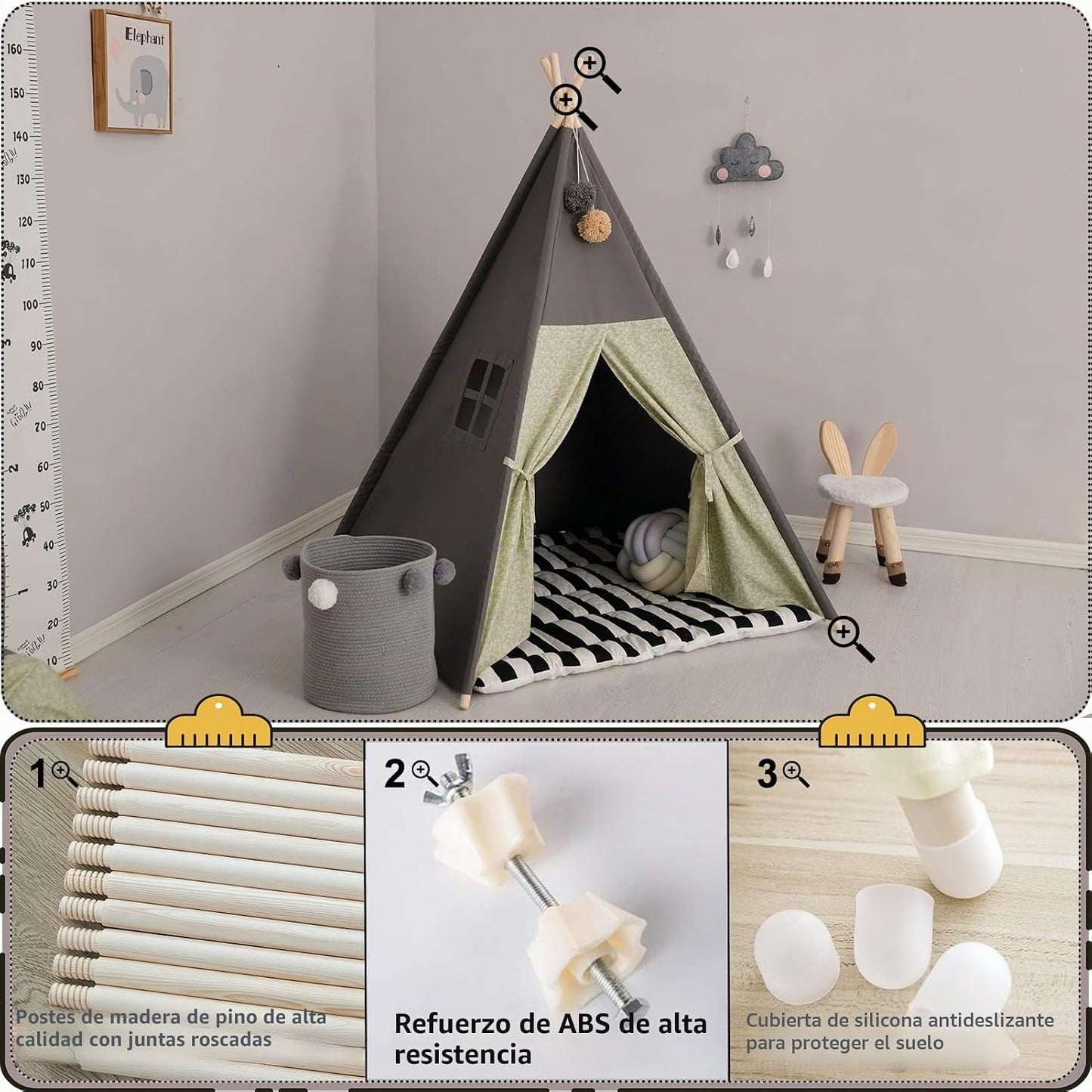 TreeBud Tienda de campaña tipo tipi para niños, alfombra acolchada...