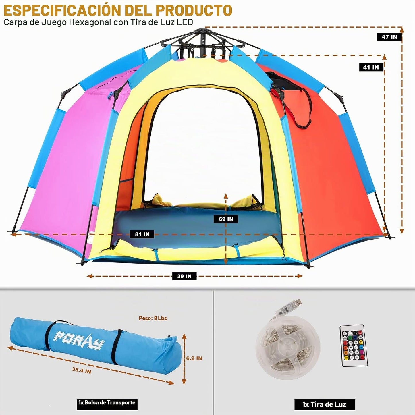 Tienda de campaña hexagonal portátil para niños con tira de luces L...