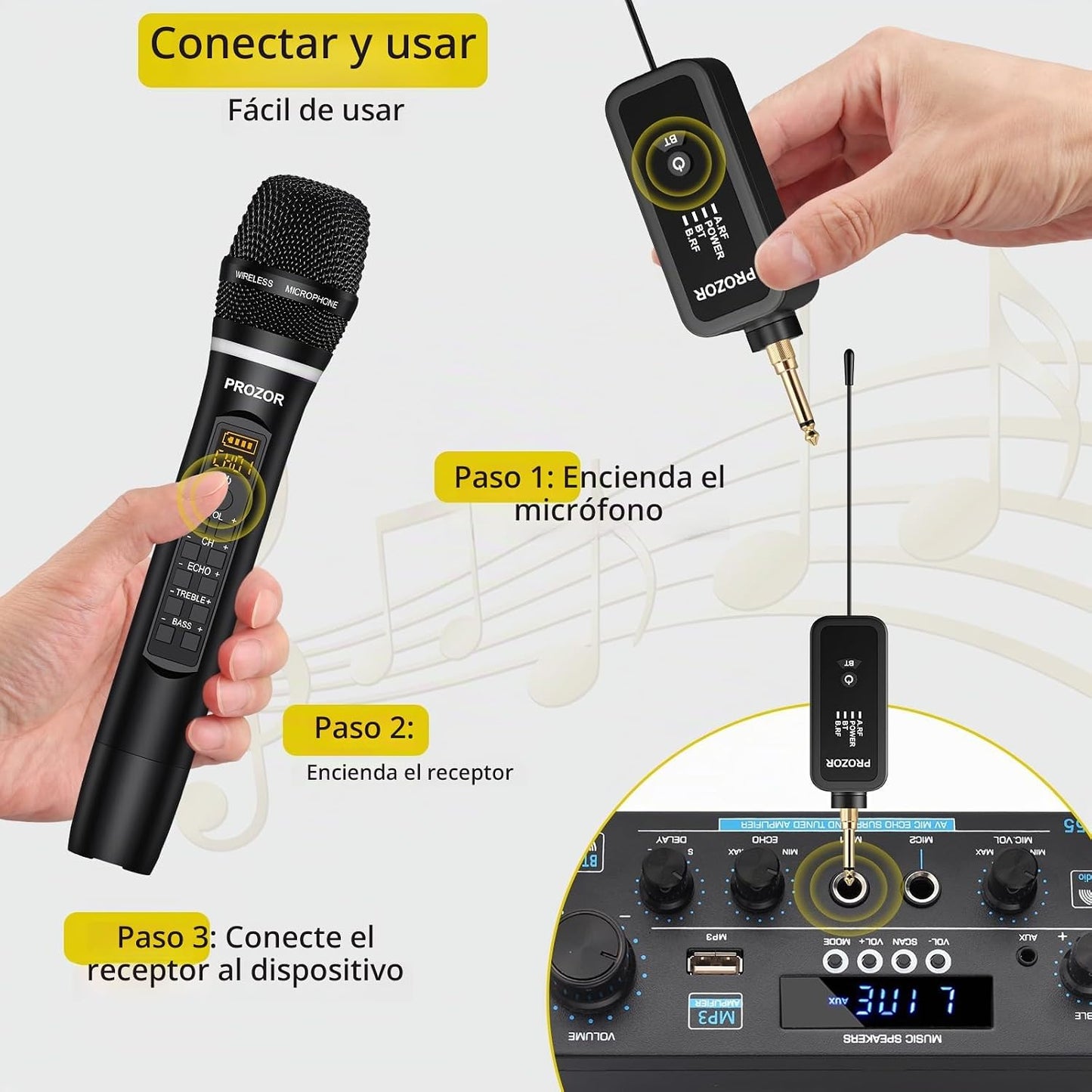 PROZOR Micrófono inalámbrico UHF con control de eco de graves agudo...