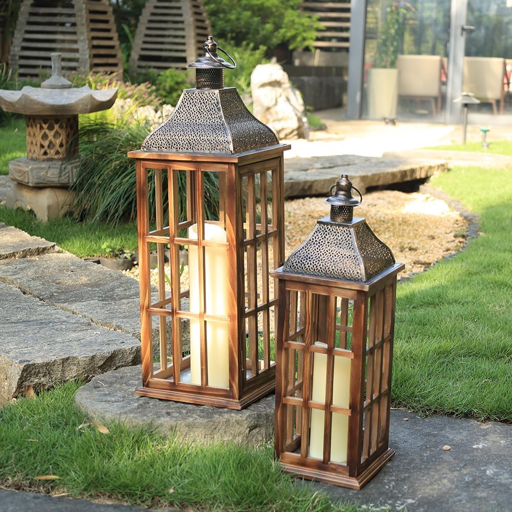 DECORKEY Juego de 3 Faroles Grandes de Madera y Metal Estilo Granja...