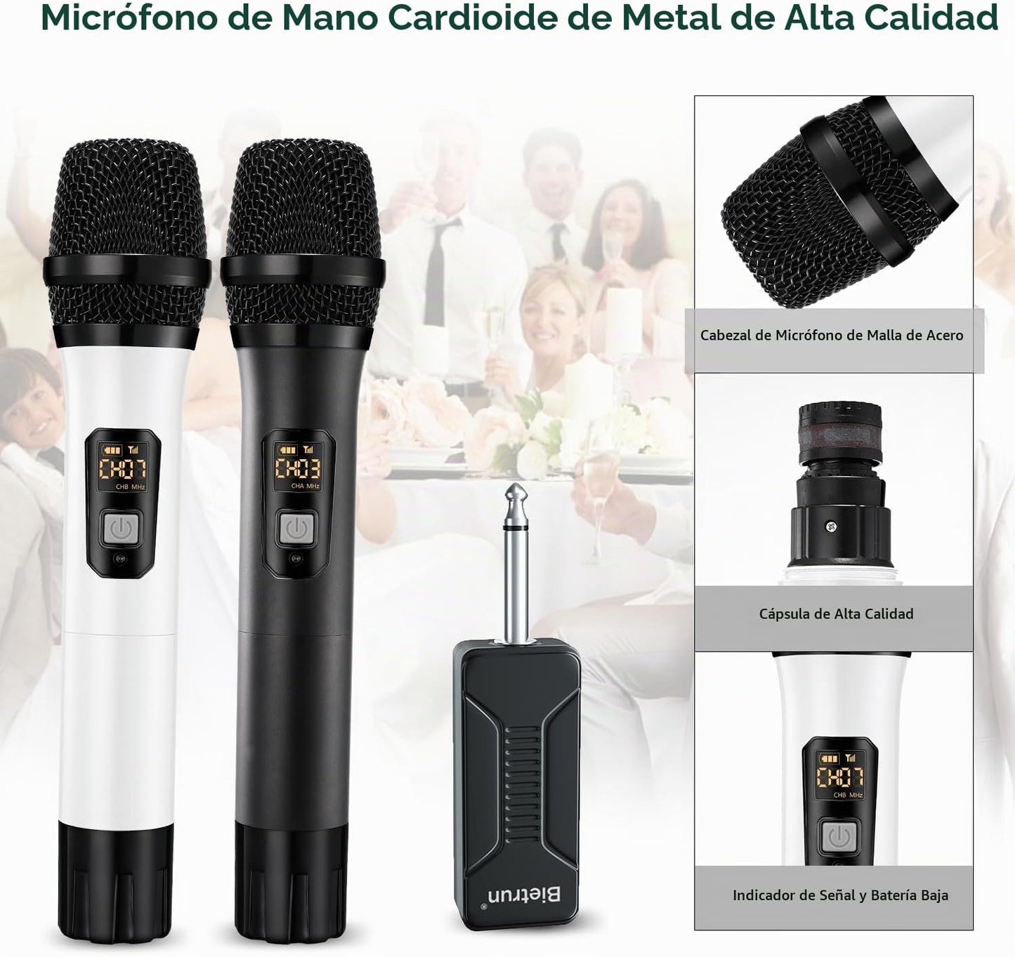 Micrófono inalámbrico, Bietrun UHF de metal, sistema de micrófono d...