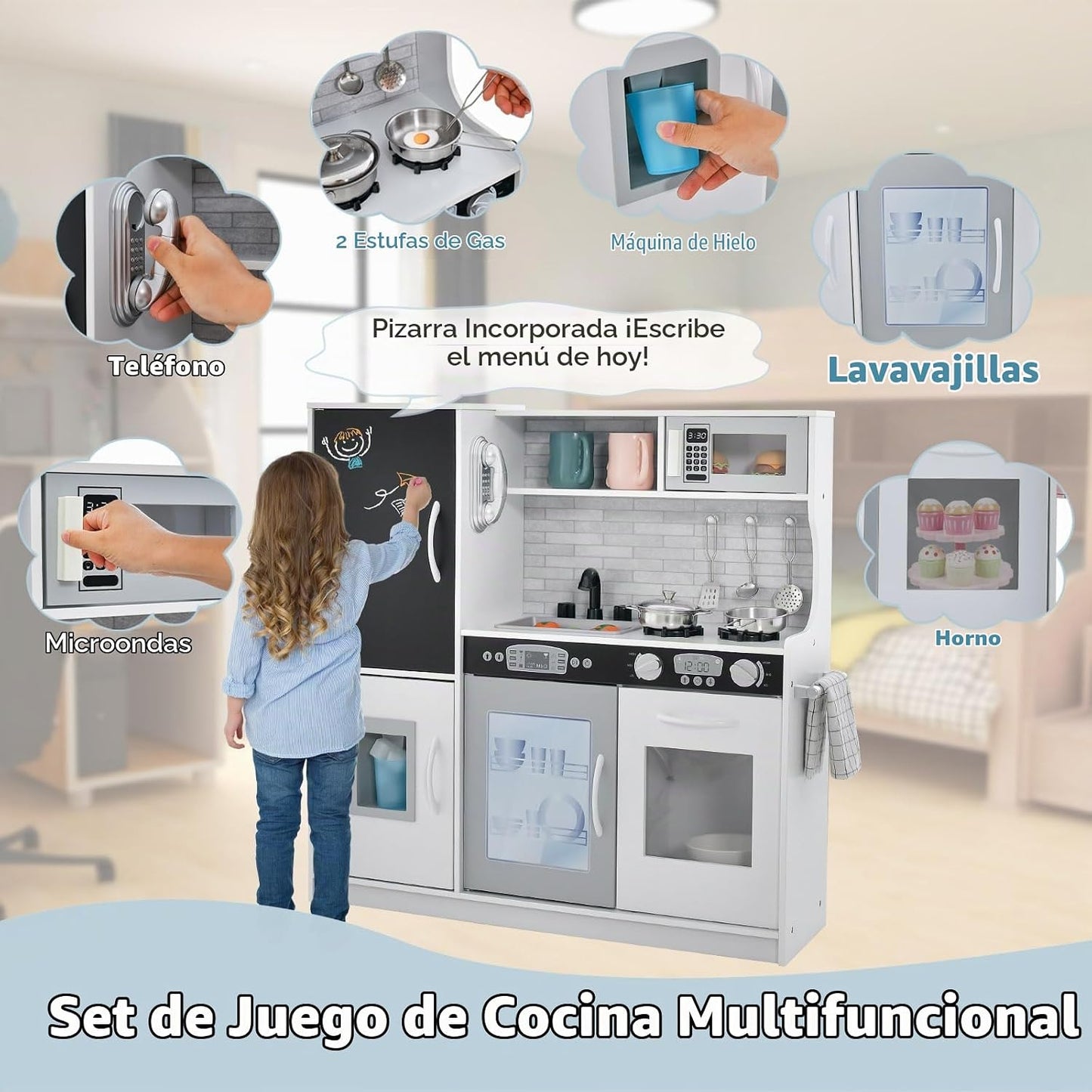 HONEY JOY Juego de cocina de madera para niños, juego de juguete de...