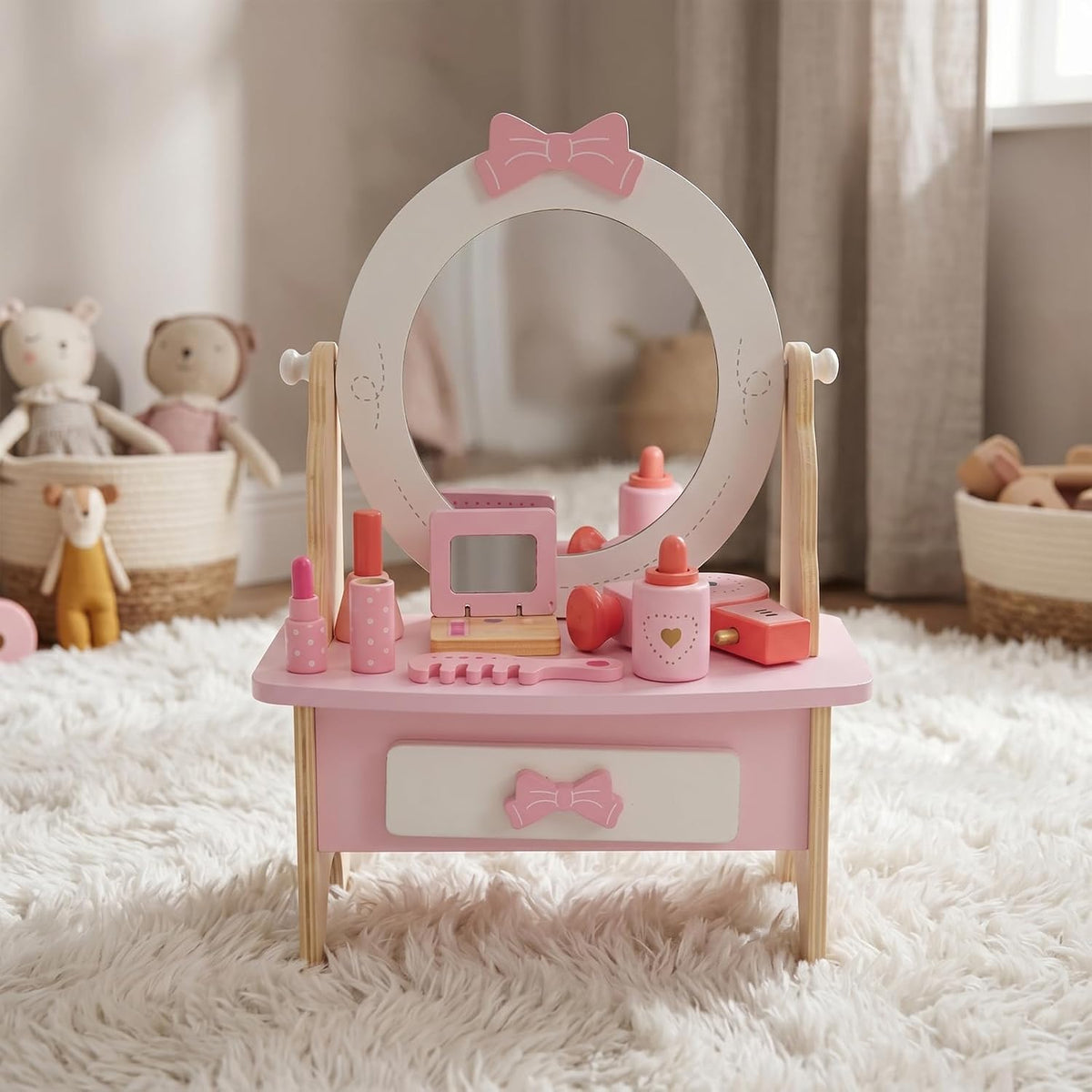 Juego de tocador de madera para niños, mesa de tocador de maquillaj...