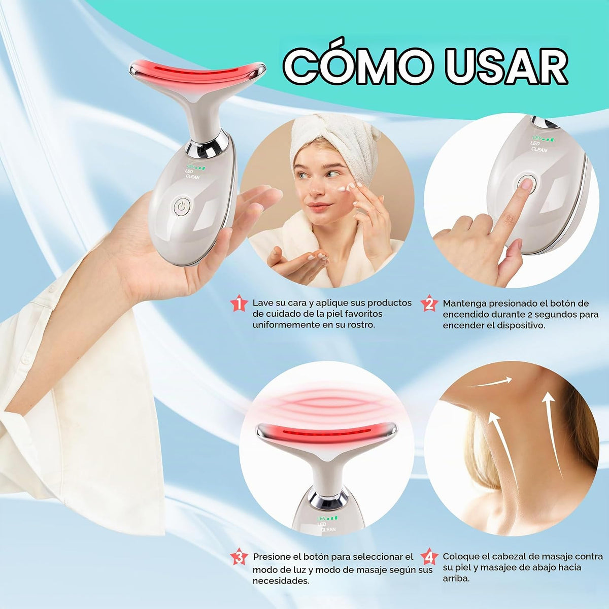 Masajeador facial con luz roja-terapia para cara y cuello, varita d...