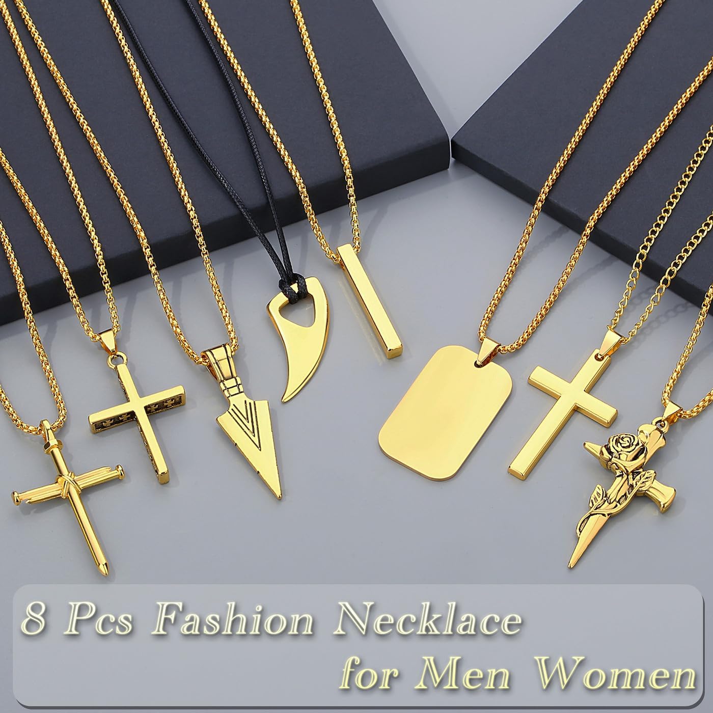 MAIBAOTA Juego de 8 collares para hombre, collar de acero inoxidabl...