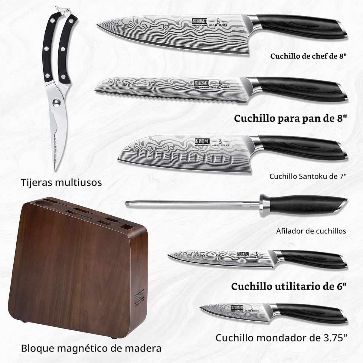 HOSHANHO Juego de 8 cuchillos con bloque magnético, juego de cuchil...