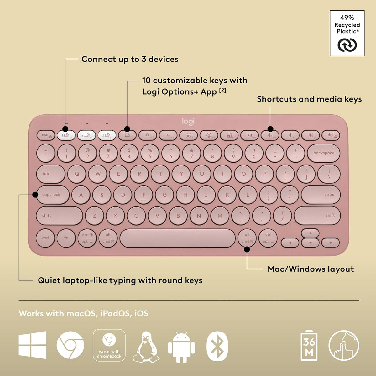Logitech Pebble Keys 2 K380s Teclado inalámbrico Bluetooth - Tonal...