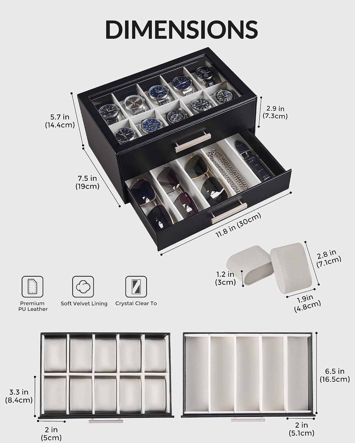 ProCase Caja de reloj de 10 ranuras para hombre, caja de gafas de s...