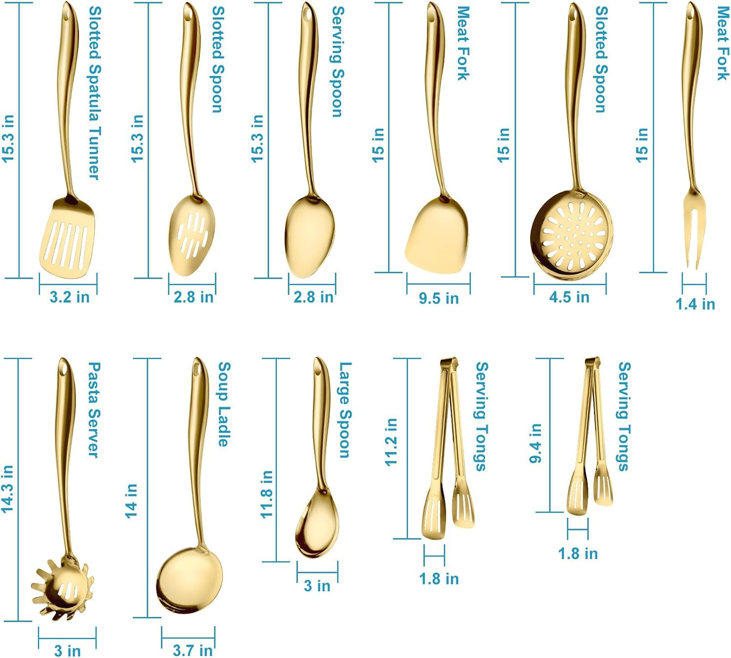 Juego de utensilios de cocina de acero inoxidable dorado 304, 11 pi...