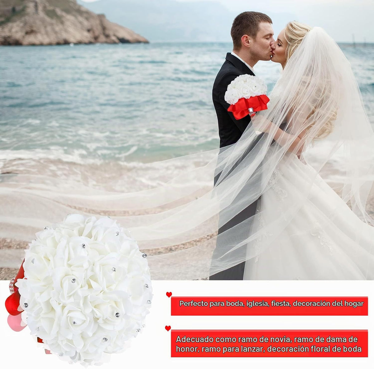 Febou Ramo de novia, ramo de dama de honor rojo, ramo de novia con...