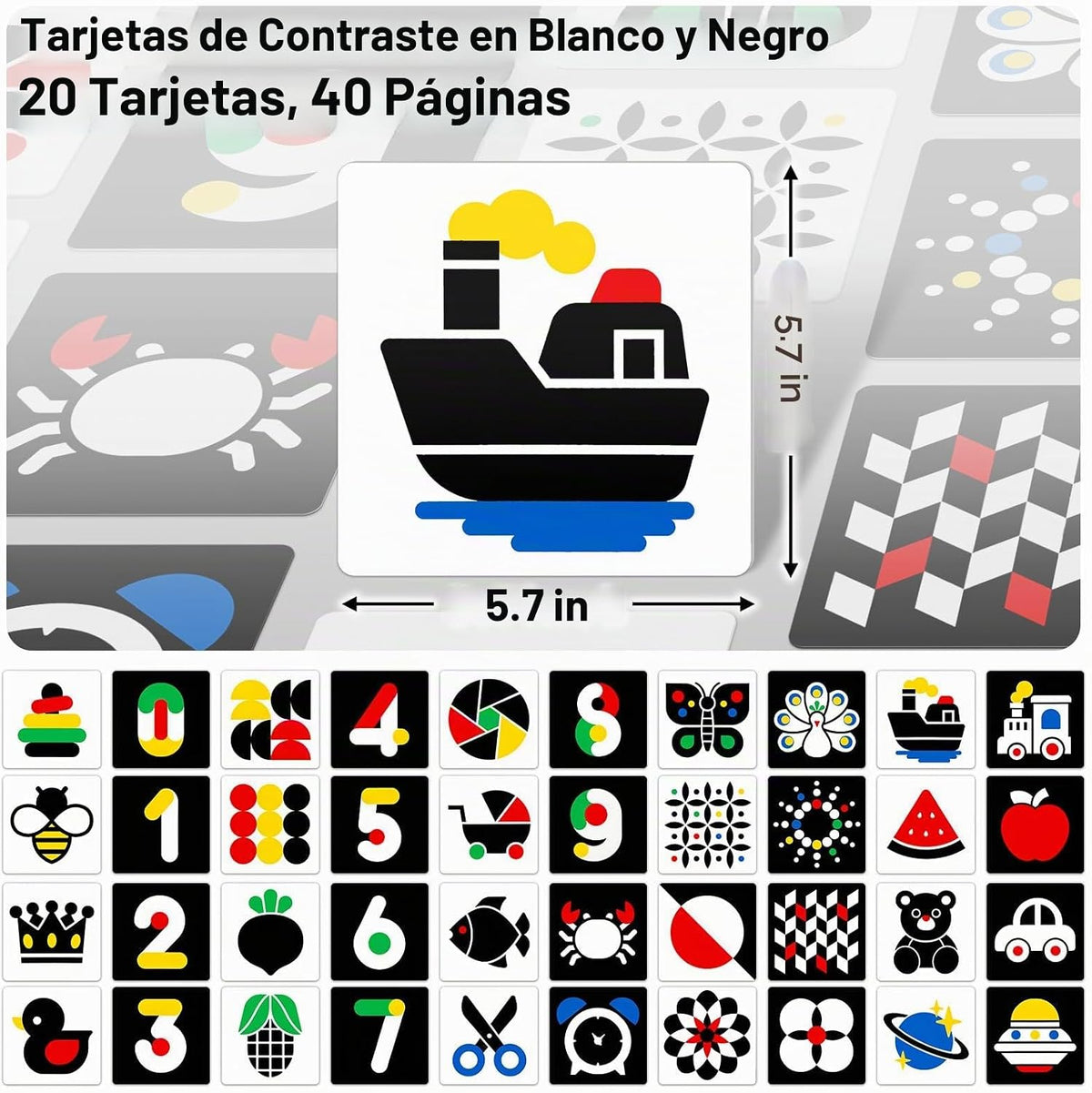 Tarjetas flash de alto contraste para bebés, tarjetas blancas y neg...