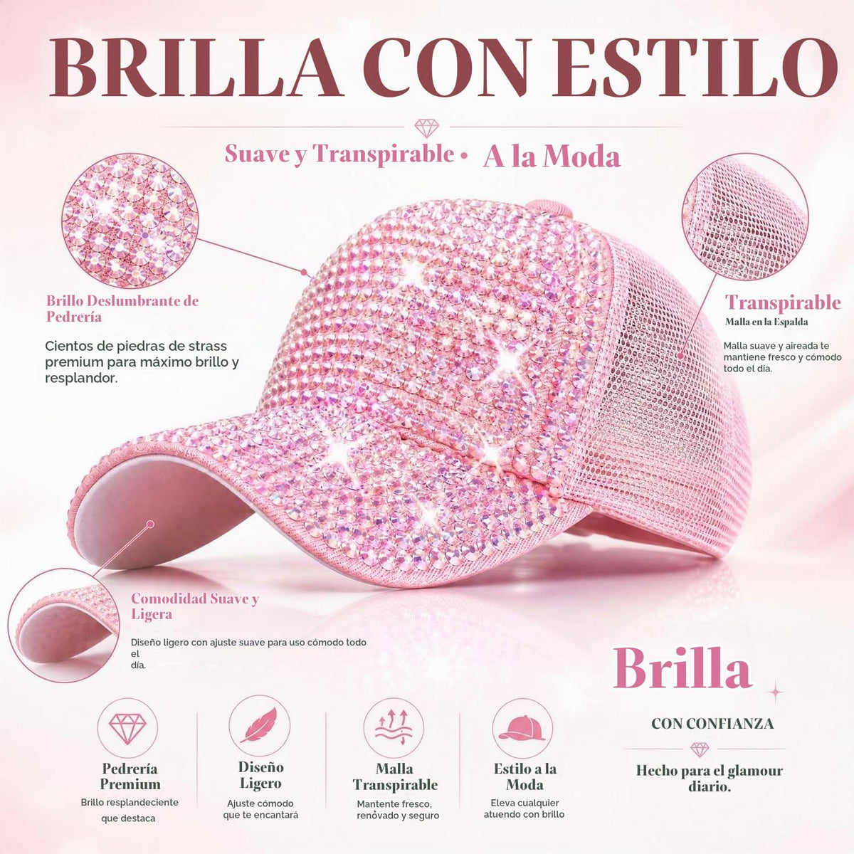 Gorra de visera de malla con diamantes de imitación, gorra de béisb...