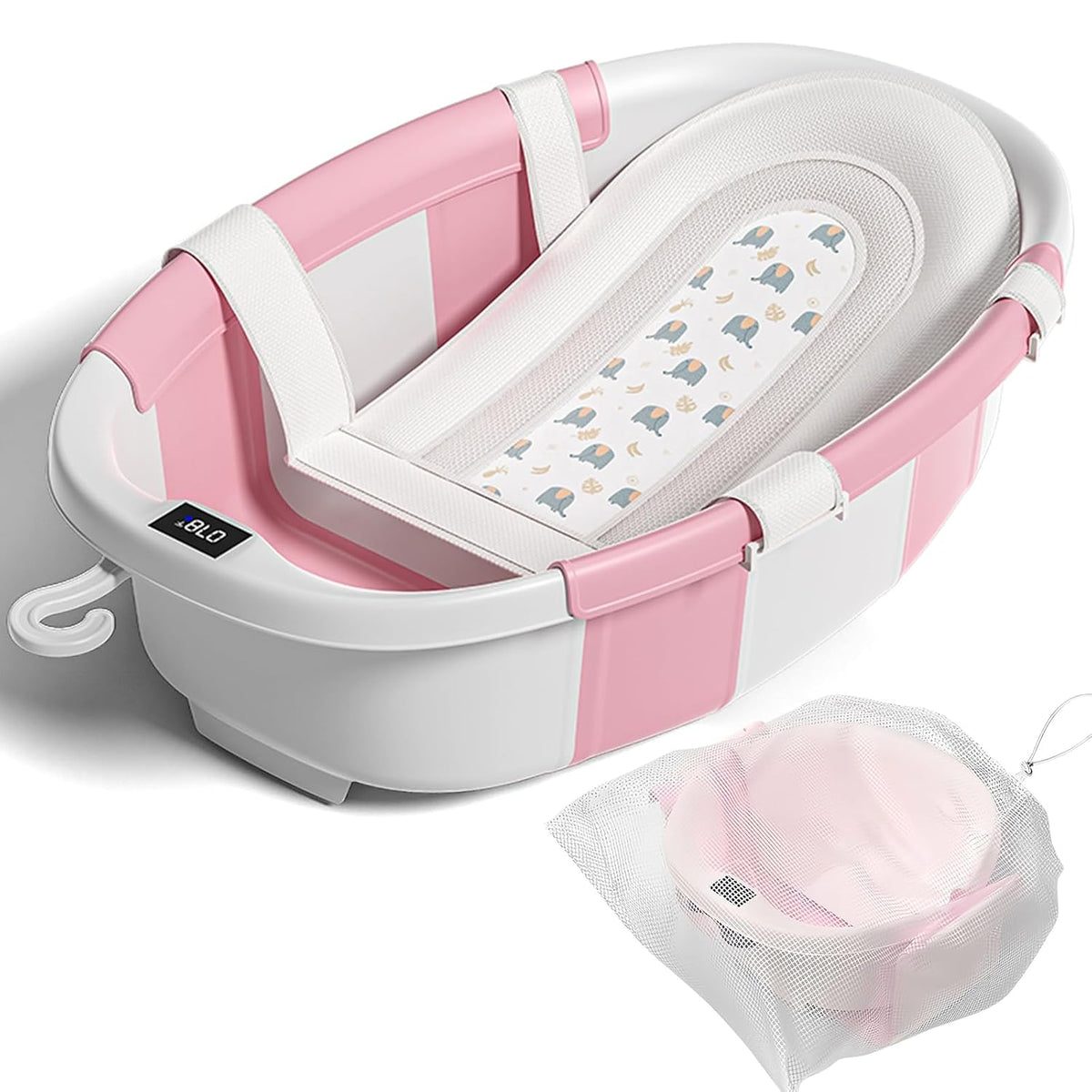 Bañera plegable para bebé con cojín suave y termómetro, para recién...