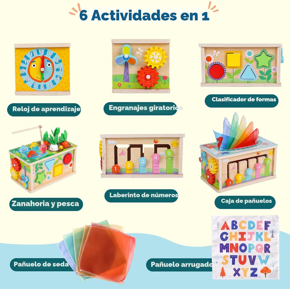 Ancaixin - Caja de pañuelos Montessori 6 en 1, juguete para bebés d...