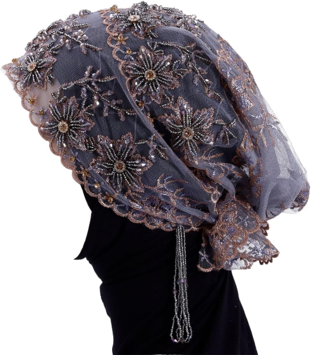 Turbante para mujer, con cuentas de encaje, musulmán, hijab, gorro...