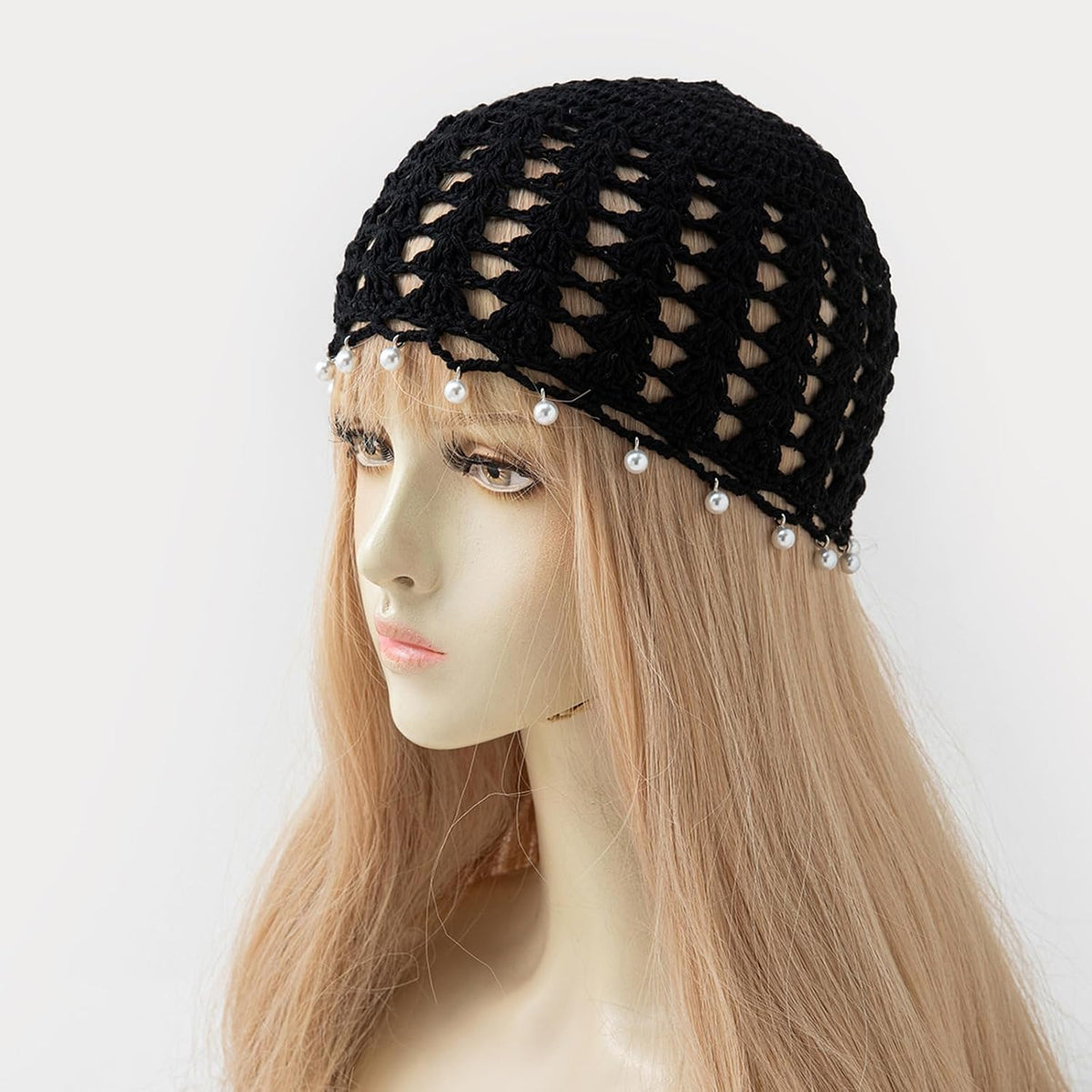 Lyfange Sombrero de ganchillo de perlas para mujer, hecho a mano, d...