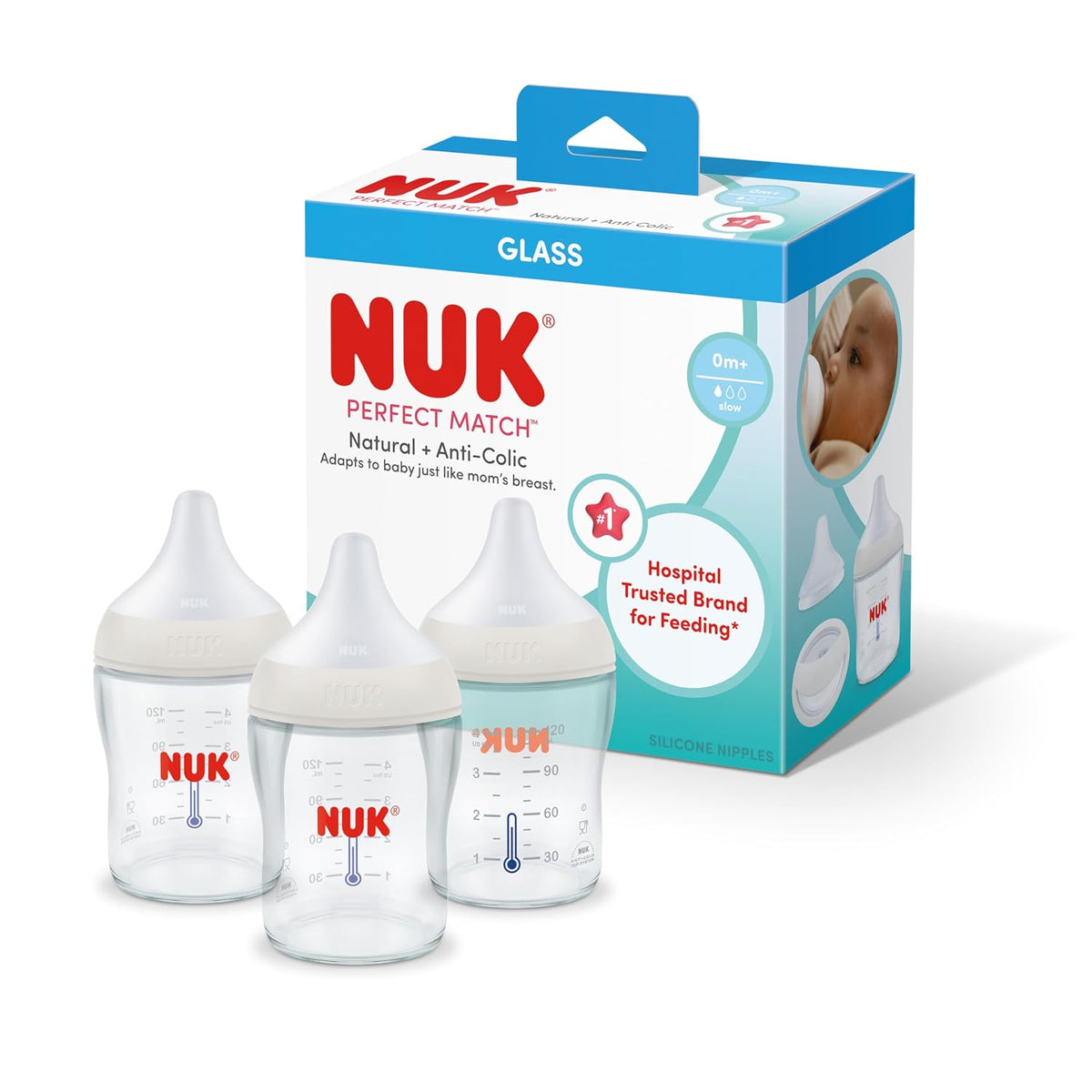NUK Perfect Match - Botella de vidrio natural + anticólico, 4 onzas...
