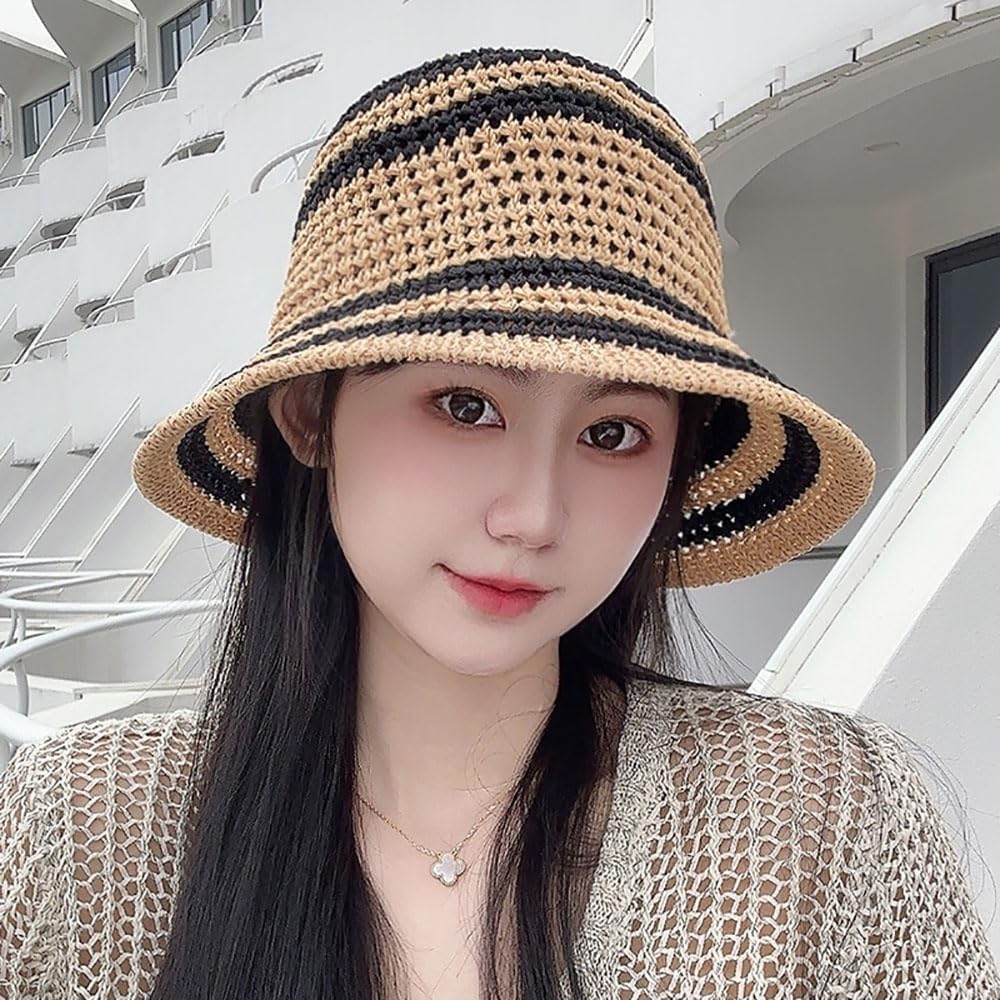 Sombrero de paja de verano para mujer, protección solar a rayas par...