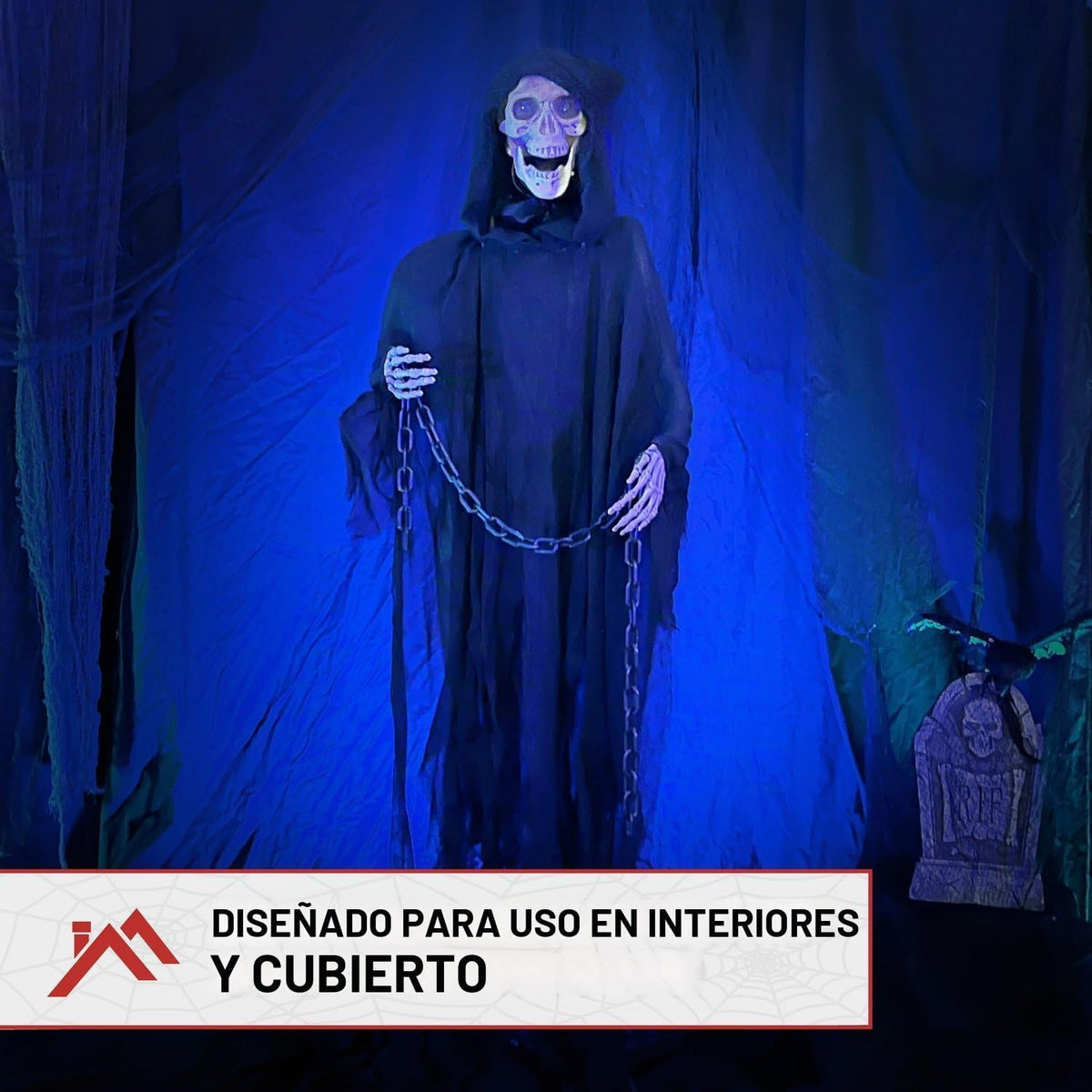 Haunted Hill Farm Parca aterradora de tamaño real con cadena, anima...