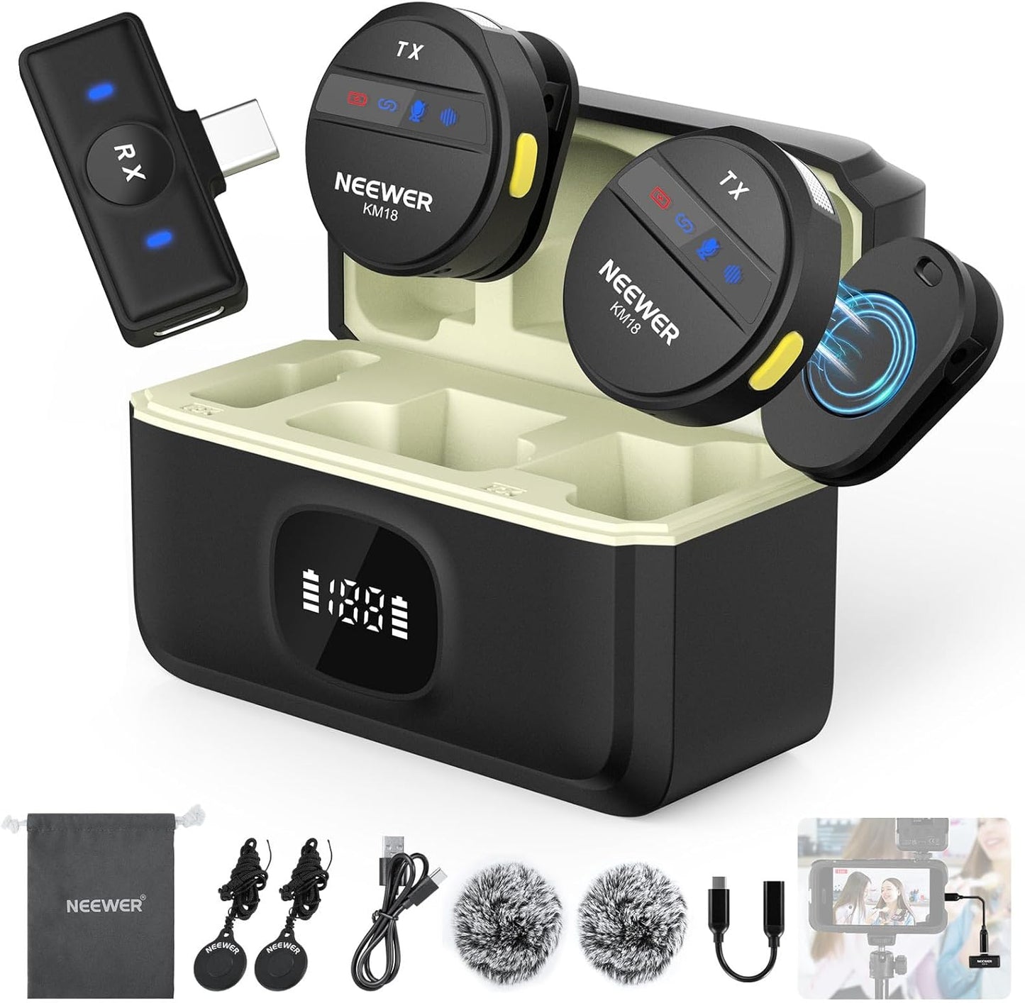 NEEWER Sistema de Micrófono Lavalier Inalámbrico Compatible con iPh...