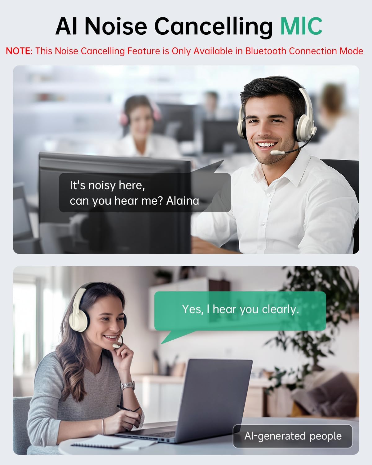 AOC Auriculares inalámbricos con micrófono para trabajo, cancelació...