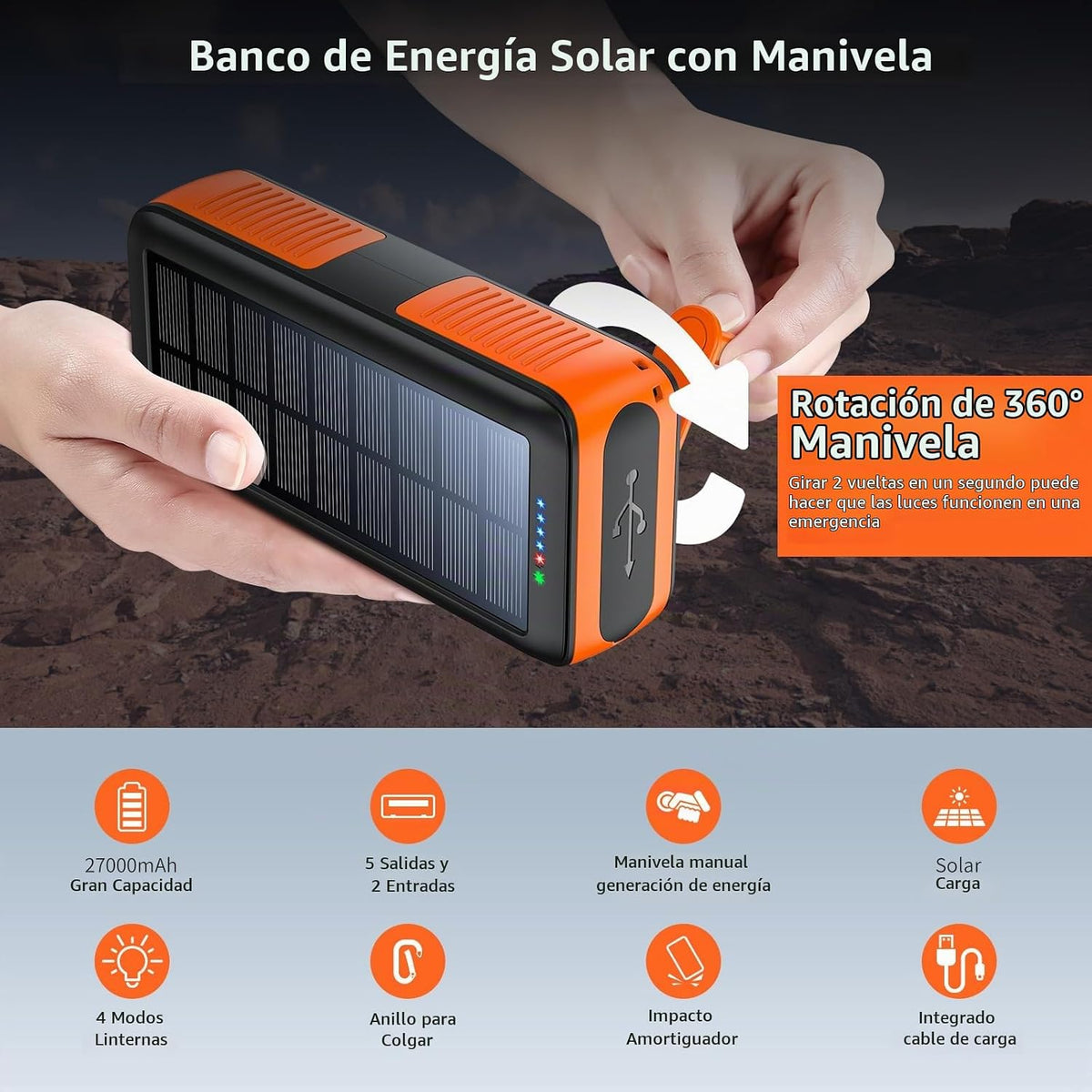 boogostore Cargador solar de 27000 mAh, cargador portátil con 4 sal...