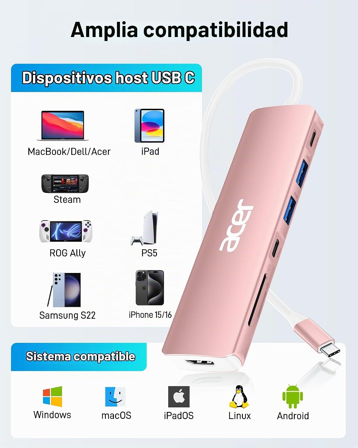 Acer USB C Hub, adaptador 7 en 1 USB-C a HDMI multipuerto, 2 USBA 3...