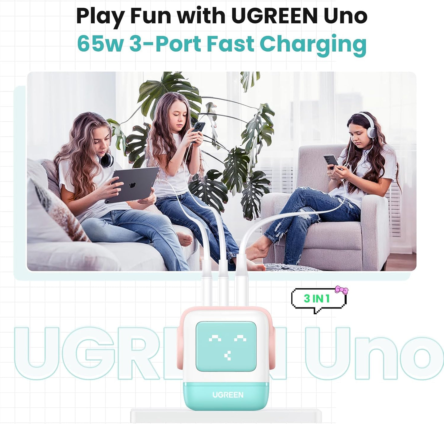 UGREEN Uno - Bloque de cargador USB C de 65 W, cargador GaN de 3 pu...