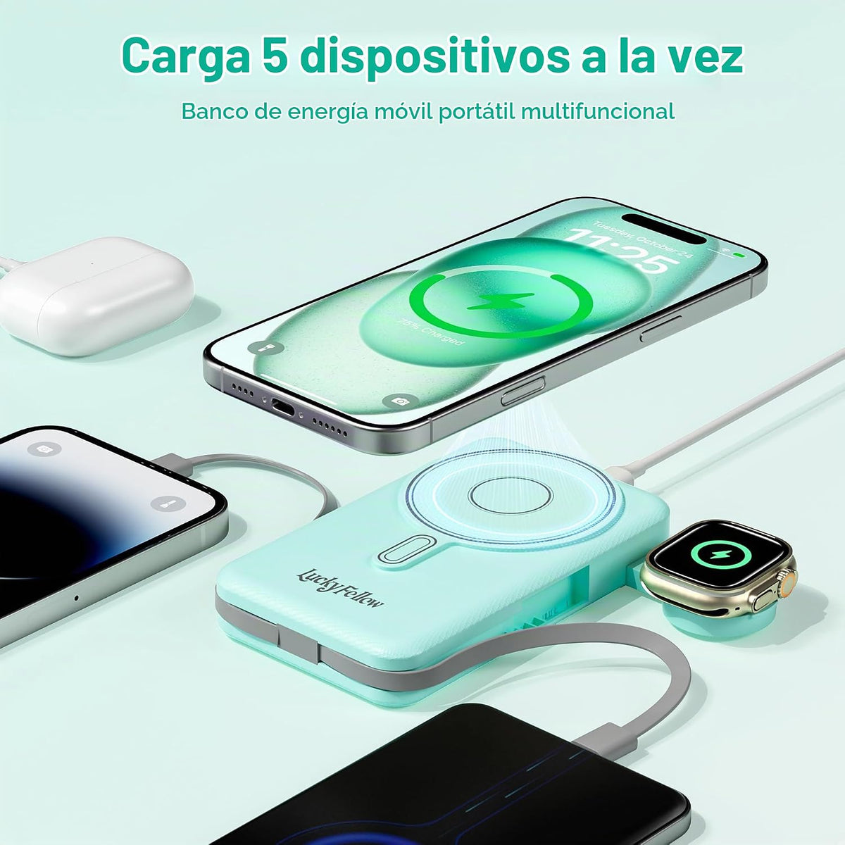 Cargador portátil magnético con cables integrados, estación de carg...