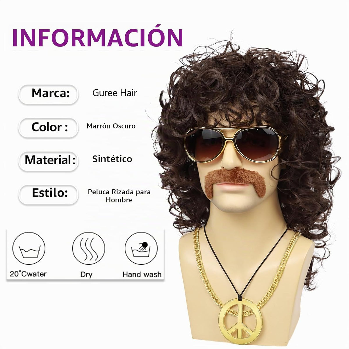Guree Hair Peluca rizada para hombre + lentes + cadena dorada + col...