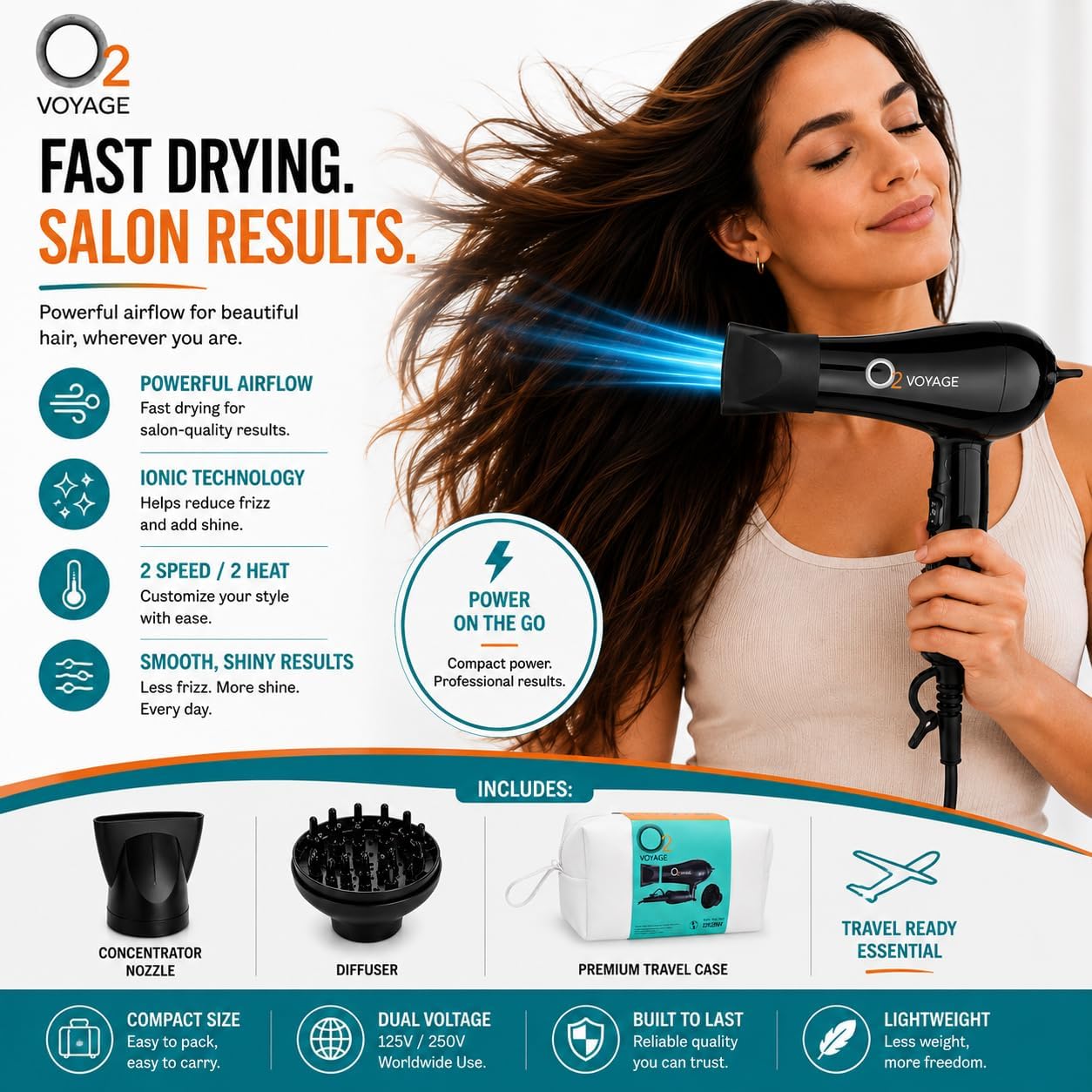 O2 Voyage - Secador de pelo iónico profesional de doble voltaje de...