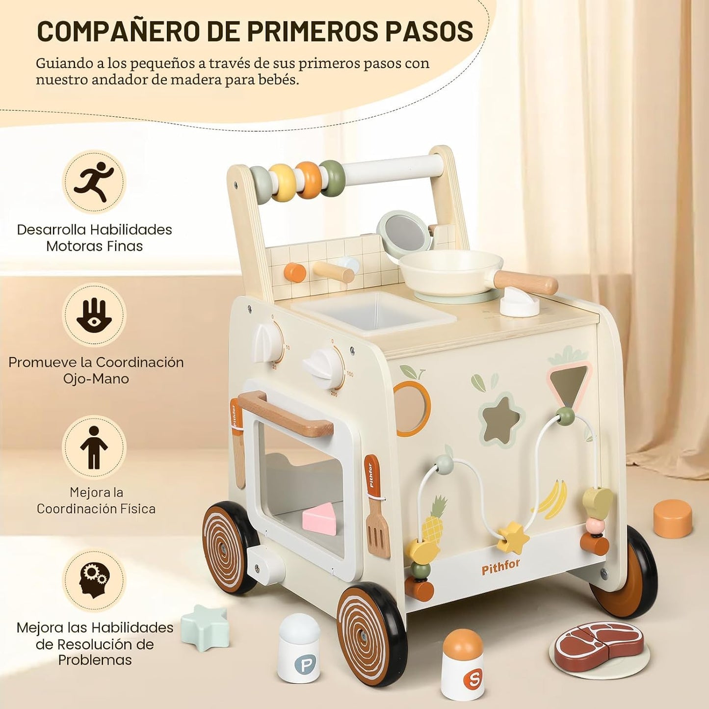 Pithfor Andador de Madera para Bebés, Andador de Empuje para Bebés...