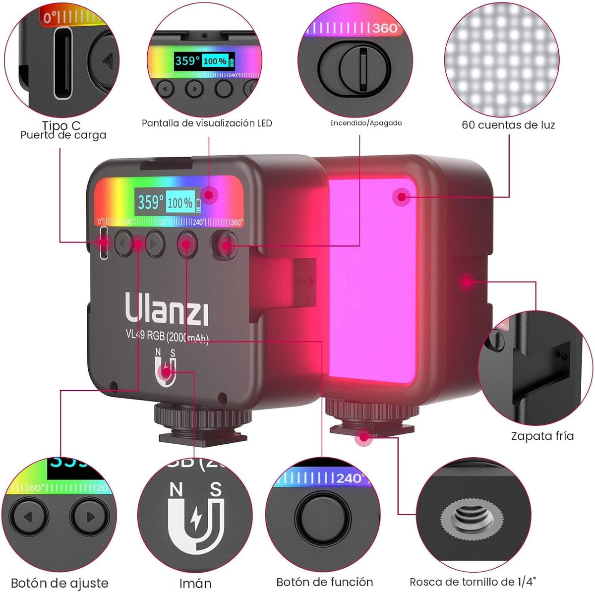 ULANZI VL49 Luces de Video RGB, Luz de Cámara LED 360° Color Comple...