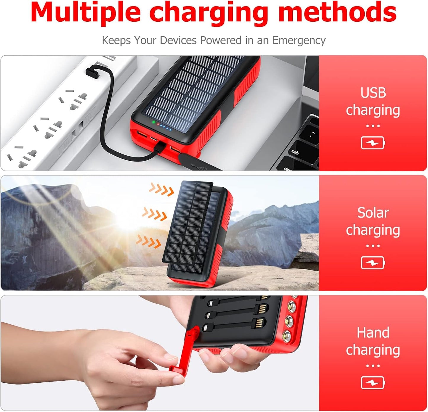 boogostore Cargador solar de 27000 mAh, cargador portátil con 4 sal...
