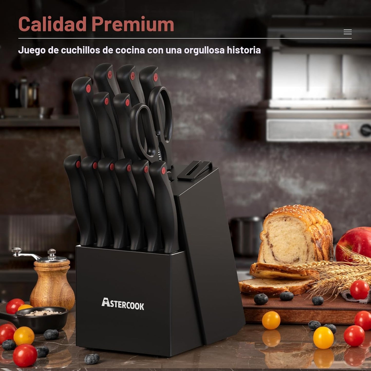 Astercook - Juego de cuchillos de 15 piezas para cocina con bloque,...
