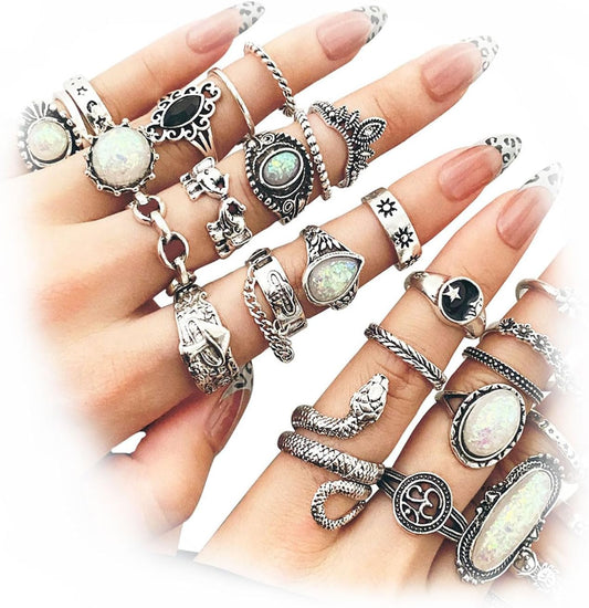 17IF Juego de anillos de nudillos plateados vintage para mujeres y...
