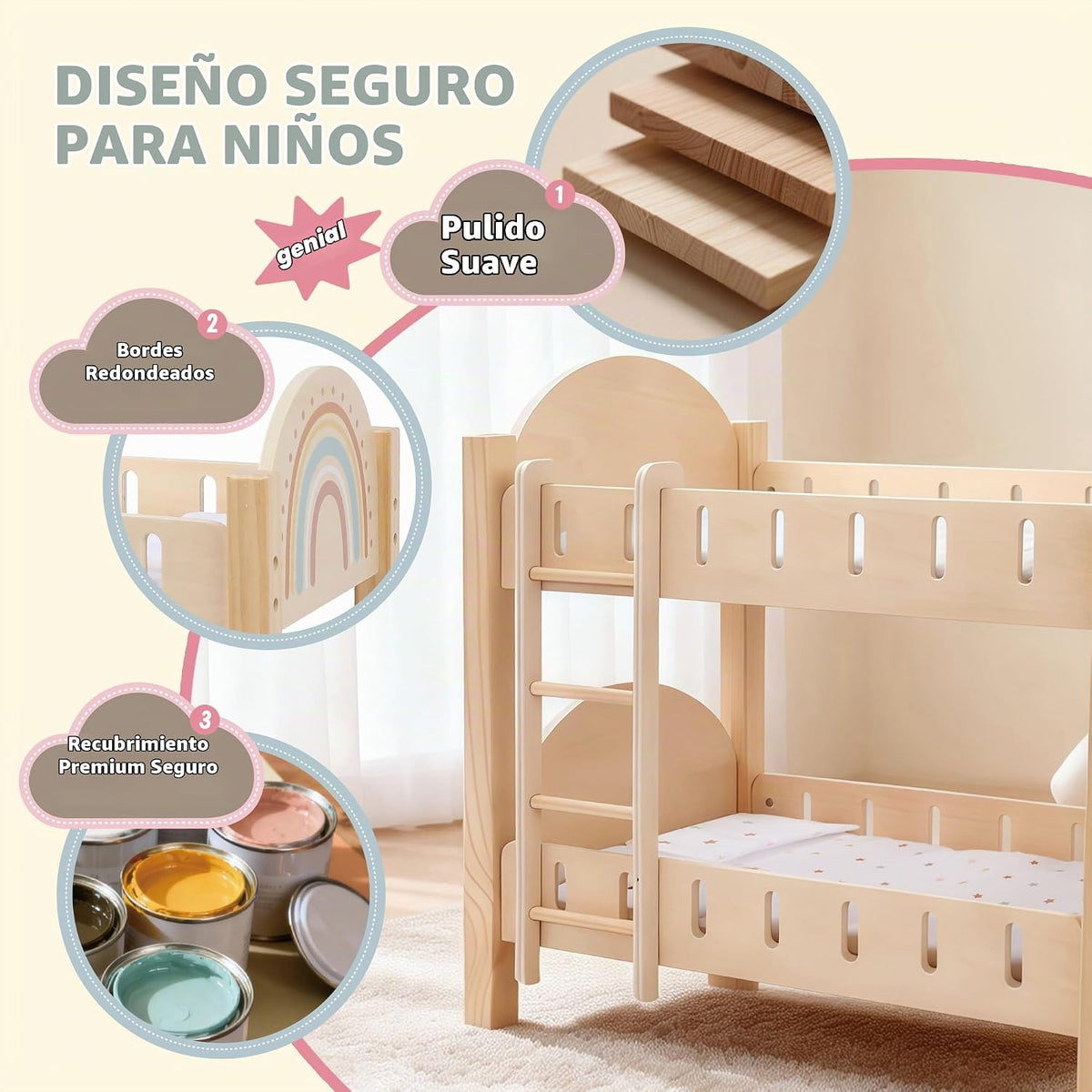 Freniland Litera de madera para muñecas con escalera y ropa de cama...