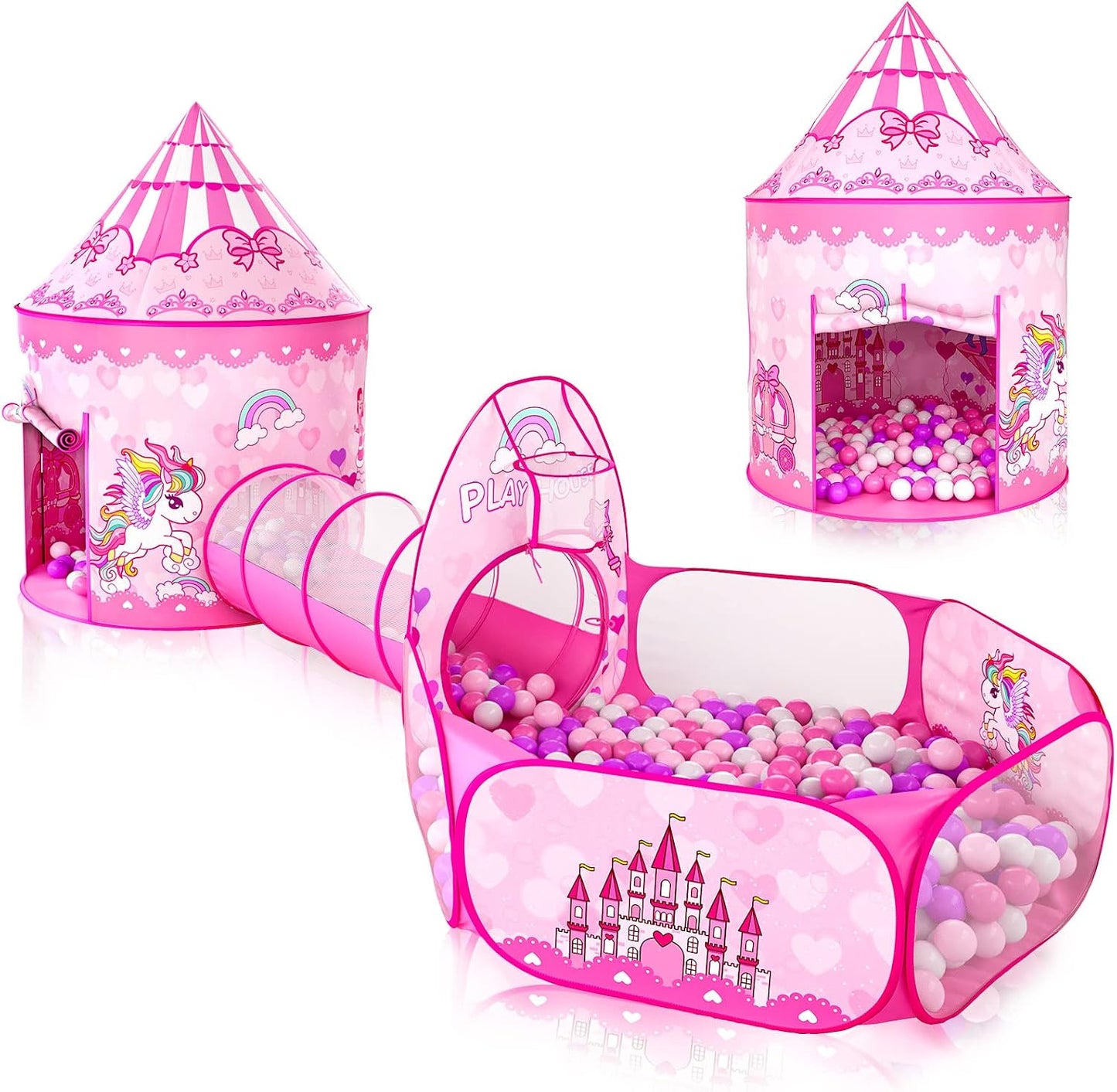 Tienda de campaña de 3 piezas para niñas con hoyo de bolas, túnel d...