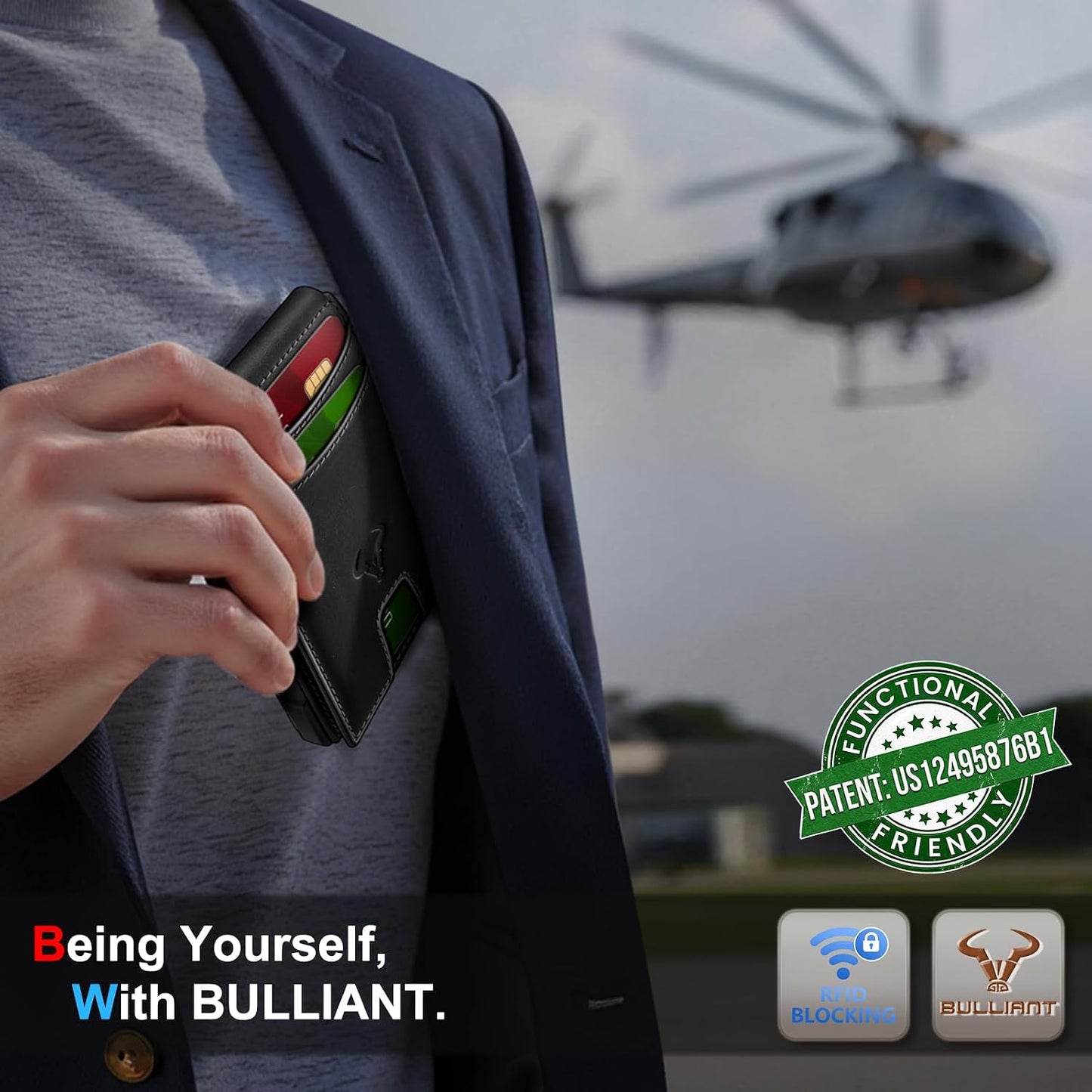 BULLIANT Cartera delgada de grano completo para hombre, caja de met...