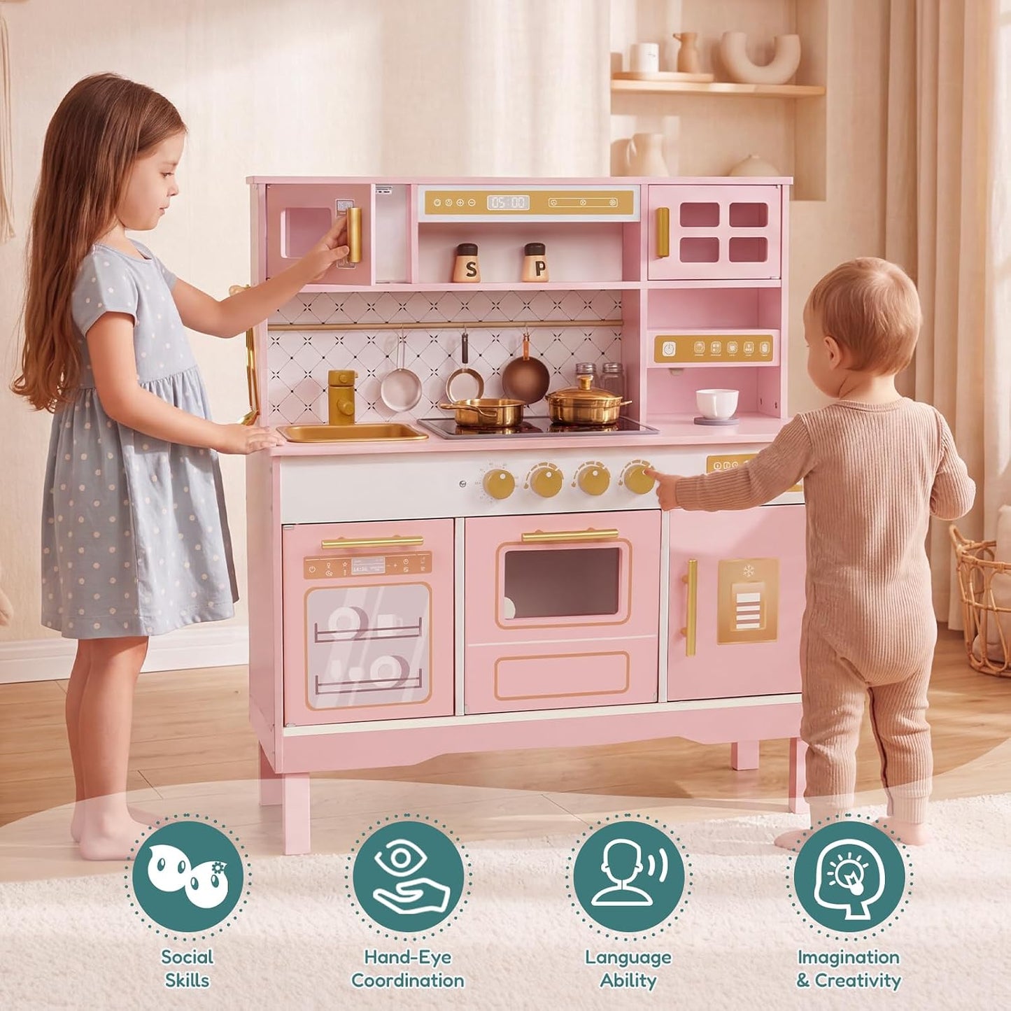 Cocina de madera para niños, moderno juego de cocina blanca con est...