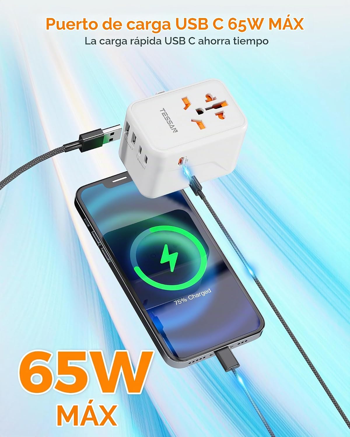 Adaptador universal de viaje TESSAN, GaN 65W | 3 puertos USB C, 2 p...