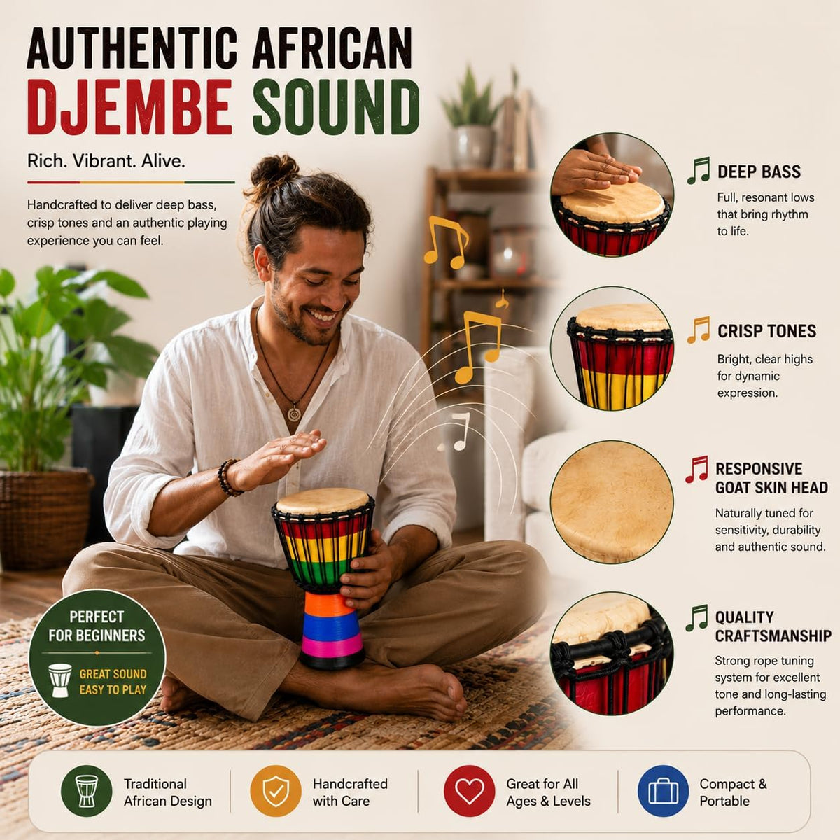Colorido tambor Djembe de 6 x 12 \u2013 Tambor de mano africano hec...