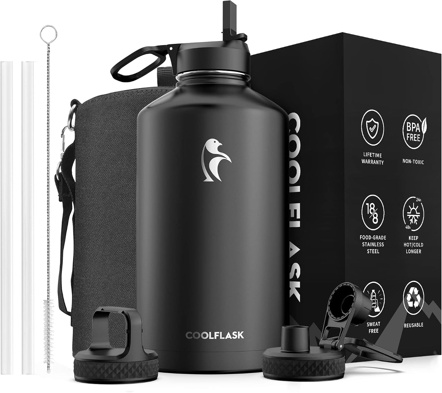 Coolflask Botella de Agua de un Galón Aislada con Popote y 3 Tapas,...