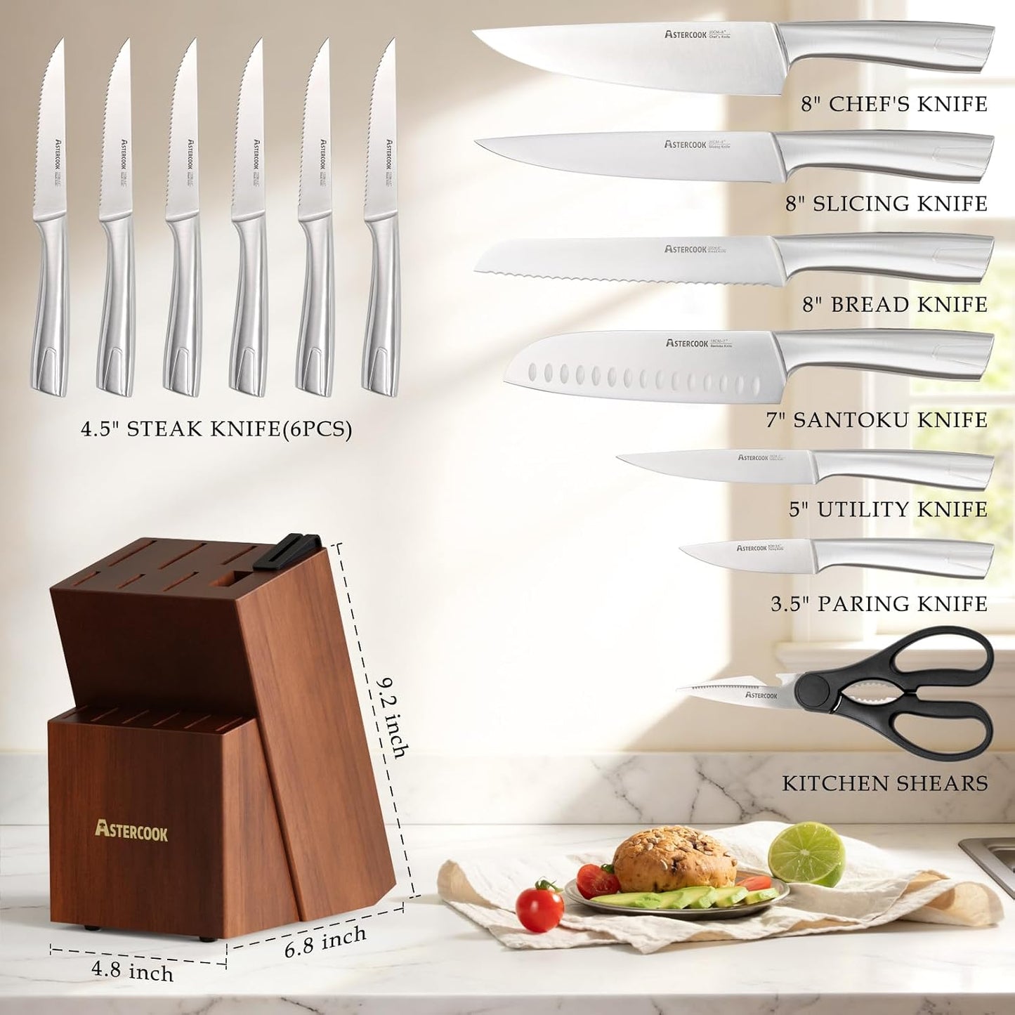 Astercook Juego de Cuchillos, Juego de Cuchillos de Cocina con Bloq...