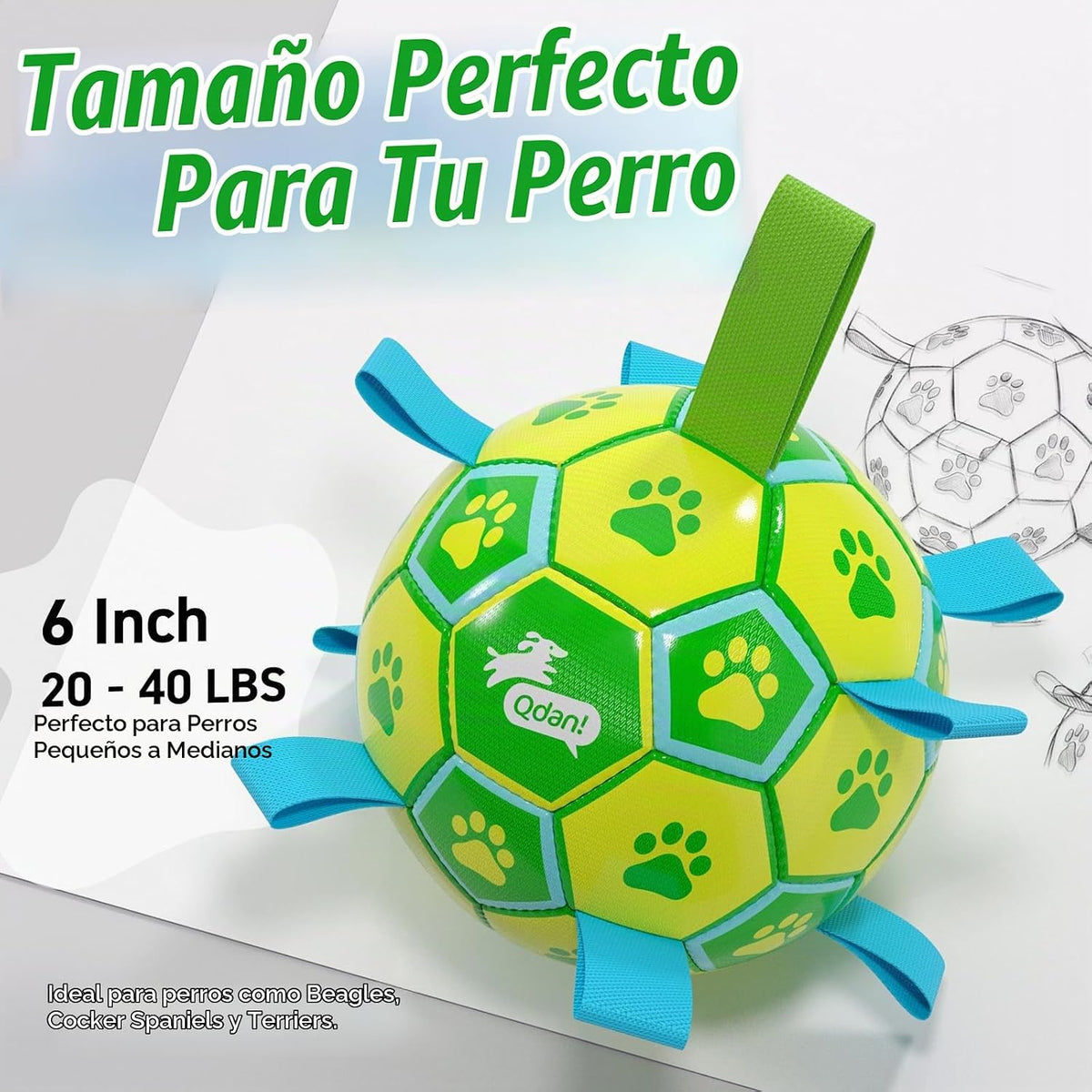 QDAN - Pelota de fútbol para perros, juguete de tirar para perros,...