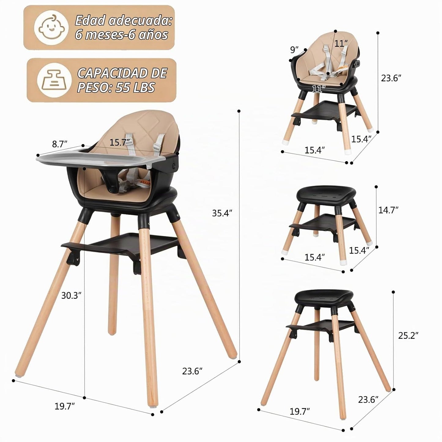Silla alta para bebé 6 en 1, sillas altas convertibles de madera, c...