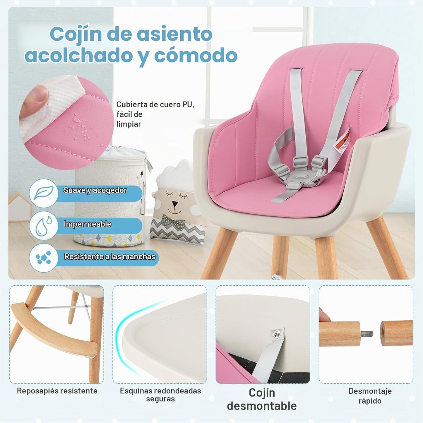 HONEY JOY Silla alta para bebé, silla alta 6 en 1 de madera Eat &am...