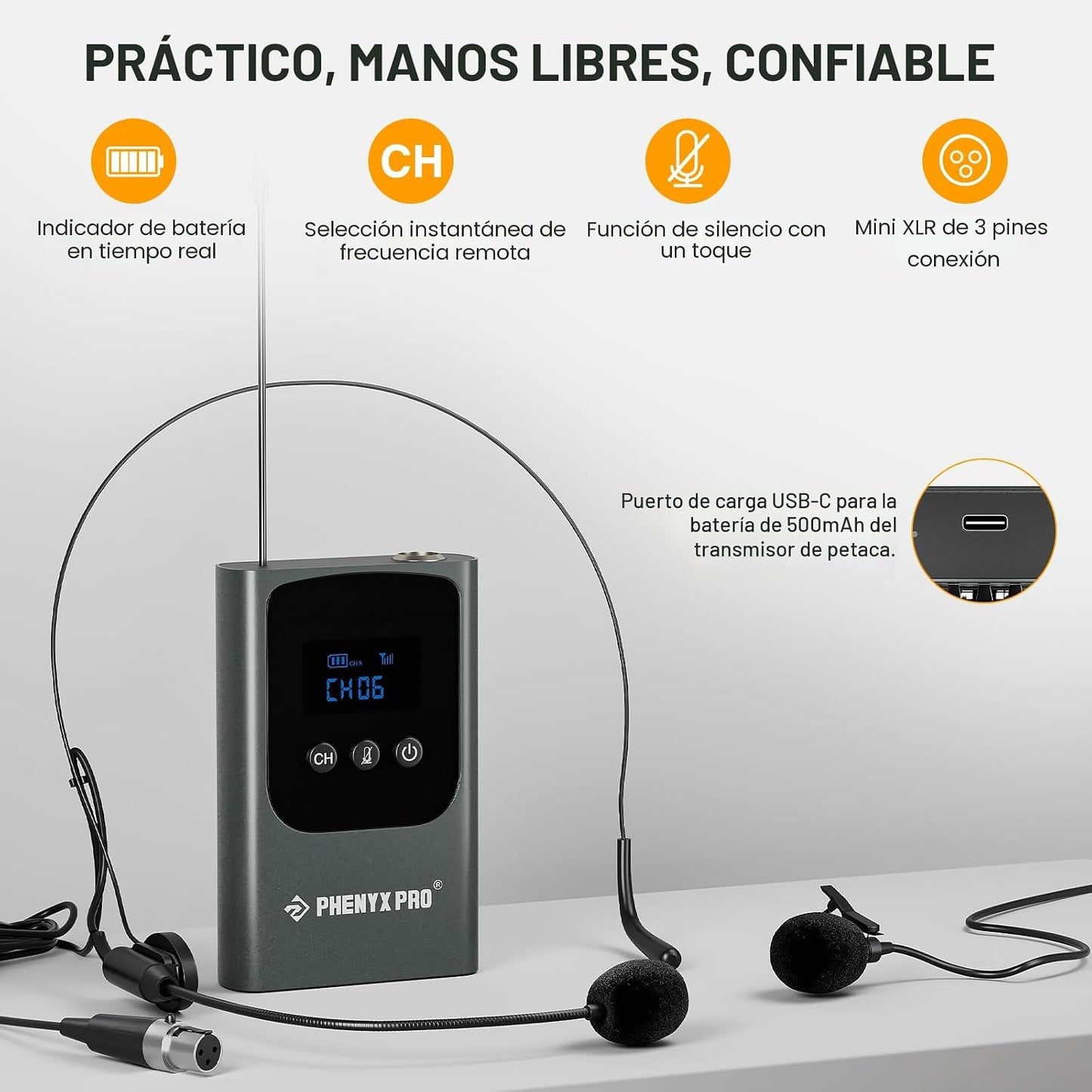 Phenyx Pro Sistema de micrófono inalámbrico digital dual, mini rece...
